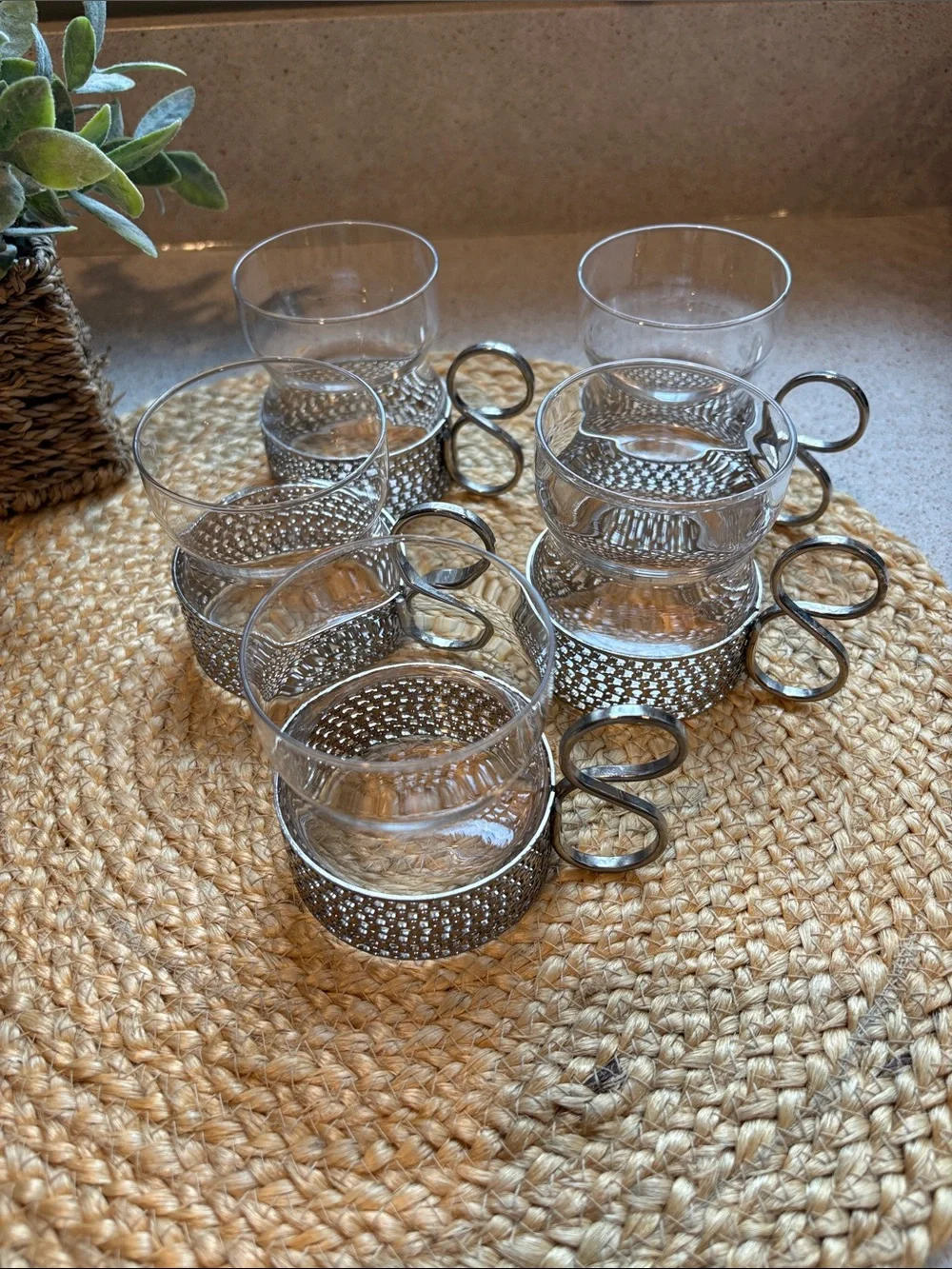 (5) Vintage Littala Tsaikka Glasses w/ Metal Holders - Timo Sarpaneva